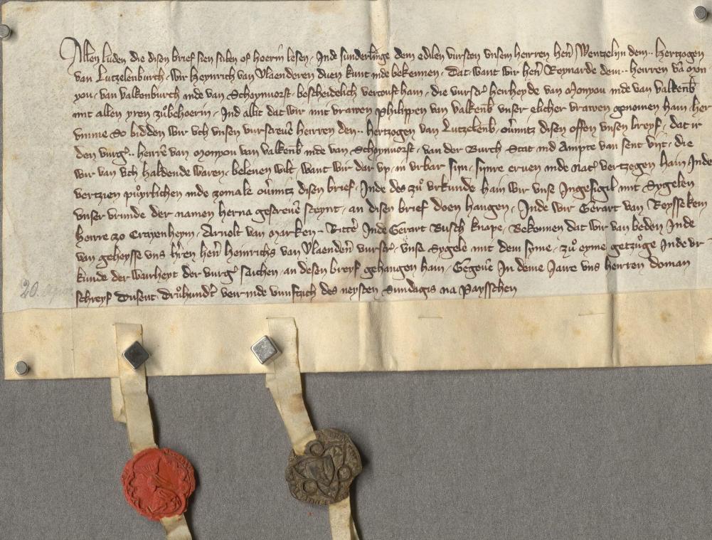 <p>Mit der Urkunde vom 20. April 1354 bittet Heinrich von Flandern Herzog Wenzel von Luxemburg, Reinhard von Schönau „mit Burg, Stadt und Amt St.Vith zu belehnen“.</p>