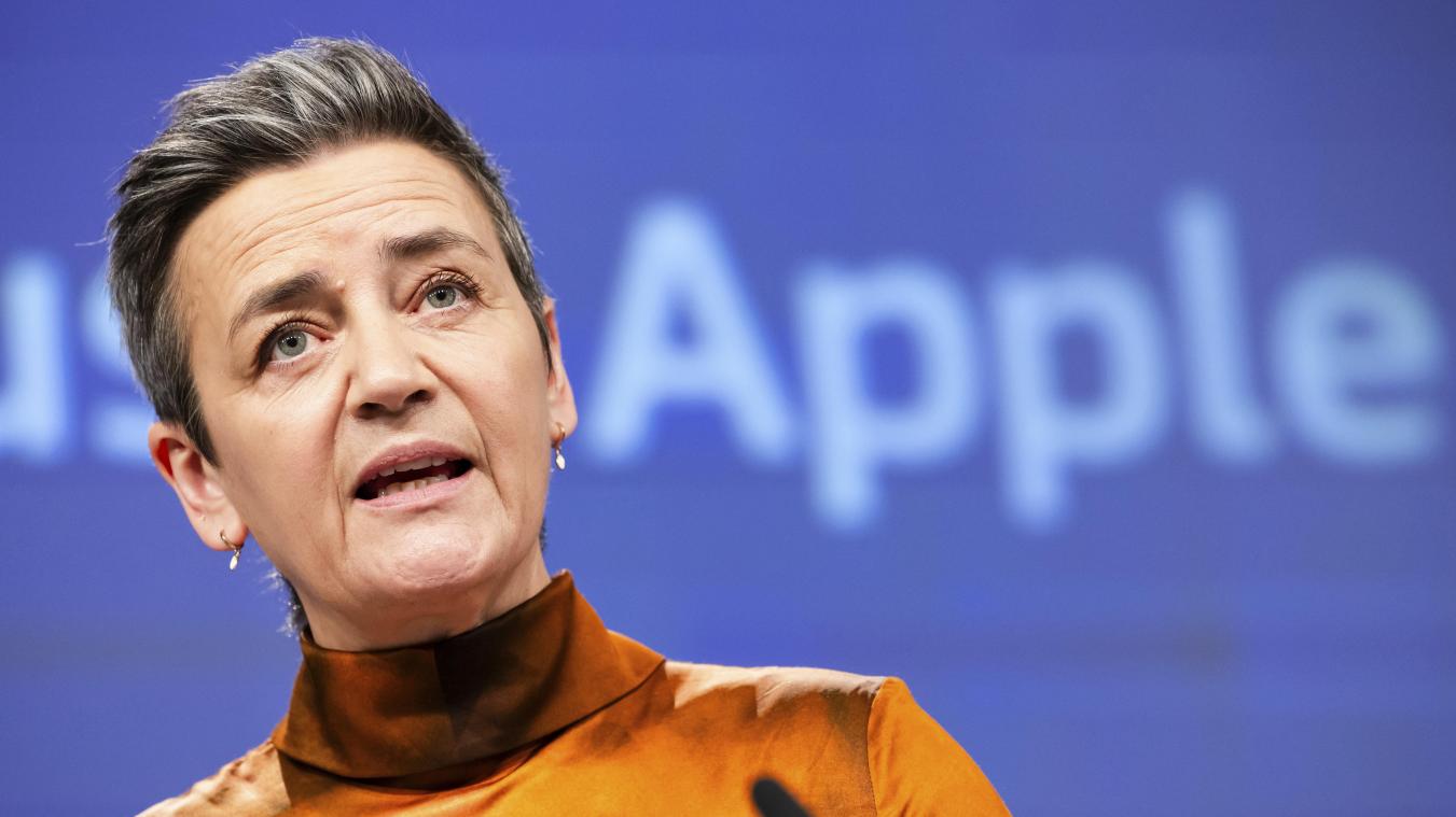 <p>Die Vizepräsidentin der EU-Kommission, Margrethe Vestager, spricht in der EU-Zentrale in Brüssel zu den Medien über den Streamingdienst Apple Music.</p>