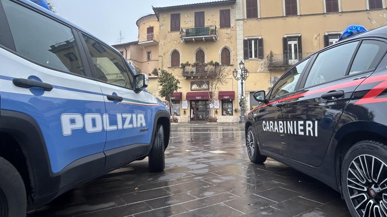 <p>Zwei Autos der italienischen Polizei und der Carabinieri stehen nebeneinander vor einem Gebäude.</p>