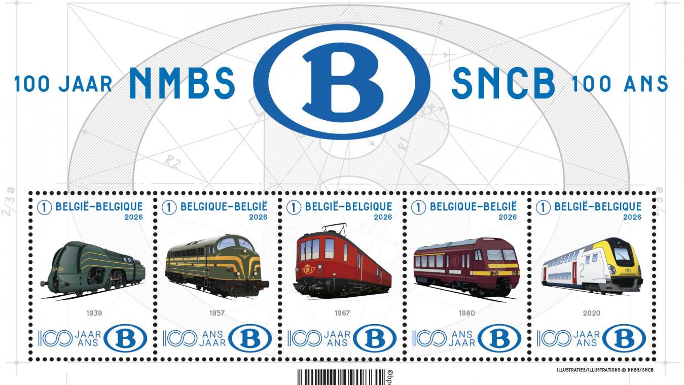 <p>Diese Briefmarken zum 100-jährigen Bestehen der SNCB kommen im Januar 2026 heraus</p>