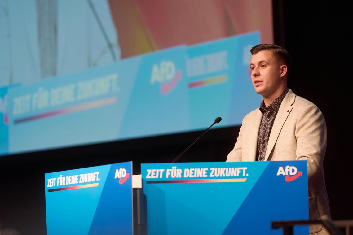 <p>Jean-Pascal Hohm, Chef der neuen AfD Jugendorganisation «Generation Deutschland», spricht auf der Gründungsveranstaltung.</p>