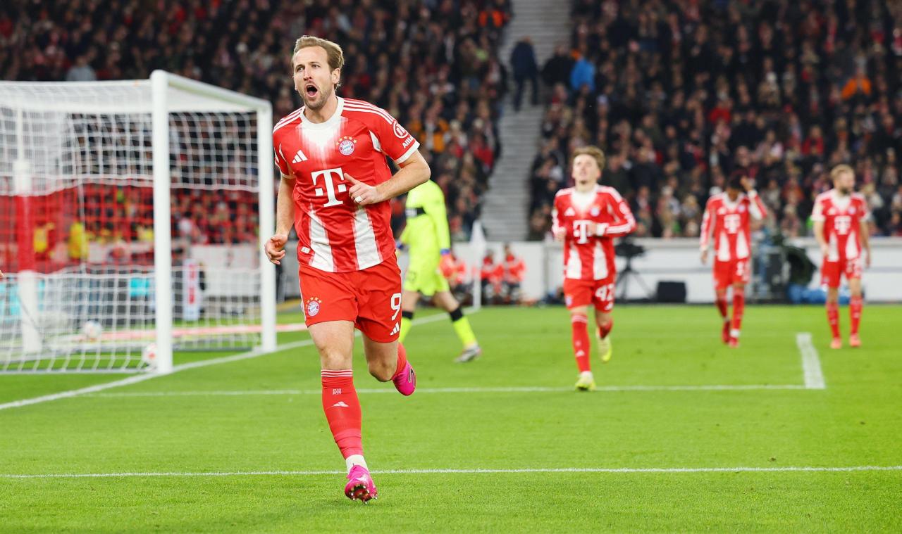 <p>Harry Kane bejubelt das 2:0 für die Bayern.</p>