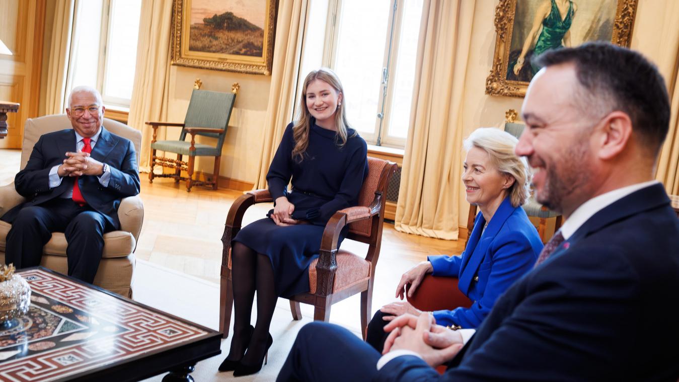 <p>Audienz mit Kronprinzessin Elisabeth: António Costa, Ursula von der Leyen und Außenminister Maxime Prévot (v.l.n.r.)</p>