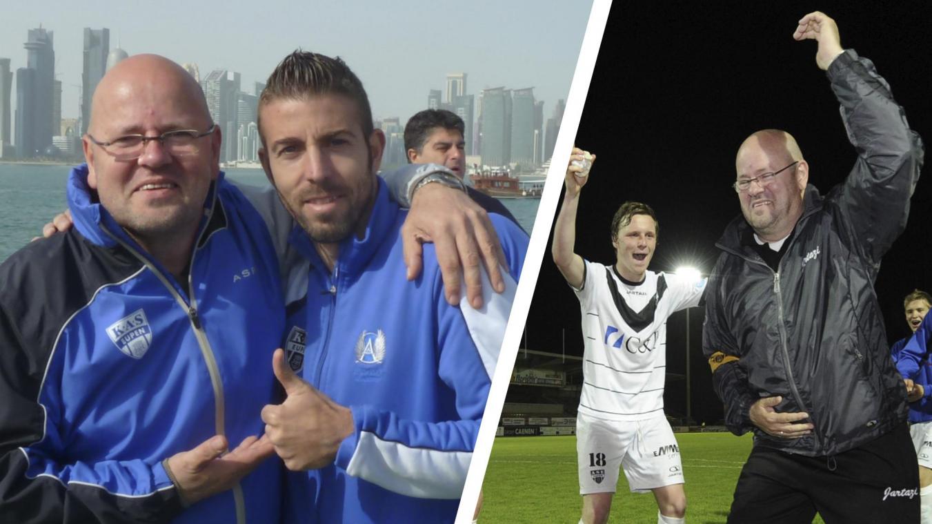 <p>Francis „Franz“ Dewint gemeinsam mit Luis Garcia (l.) und 2012 nach einem Auswärtssieg der AS Eupen gegen den KV Oostende.</p>