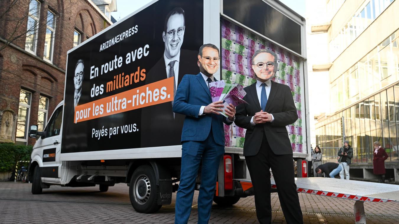 <p>Symbolische Aktion von Oxfam, bei der Premier De Wever und Vizepremier Clarinval aufs Korn genommen werden.</p>