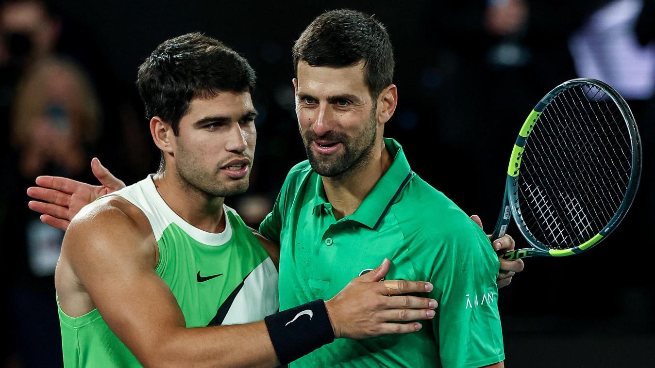 <p>Novak Djokovic (rechts) mit Carlos Alcaraz</p>