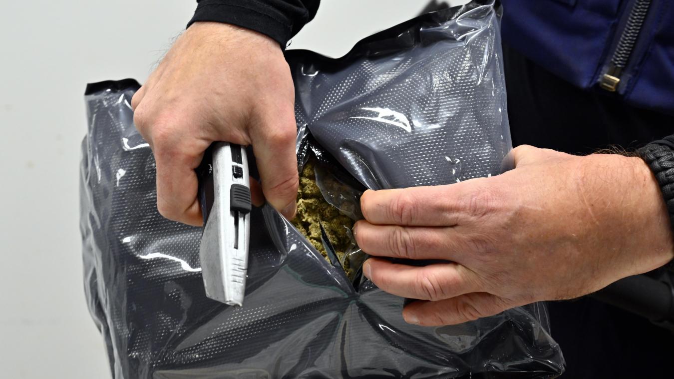 <p>Ein Zollbeamter zeigt am Brussels Airport sichergestelltes Cannabis, das in einem Gegenstand versteckt war. 2025 ist die Zahl der abgefangenen Drogenschmuggler und beschlagnahmten Mengen deutlich gestiegen.</p>