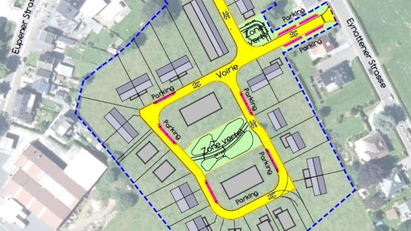 <p>Der Plan mitsamt Straßenführung für das neue Wohngebiet in Eynatten aus der Vogelperspektive</p>