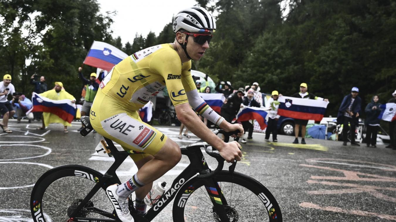<p>Tadej Pogacar vom Team UAE Team Emirates im gelben Trikot des Gesamtführenden während der Tour de France 2025.</p>