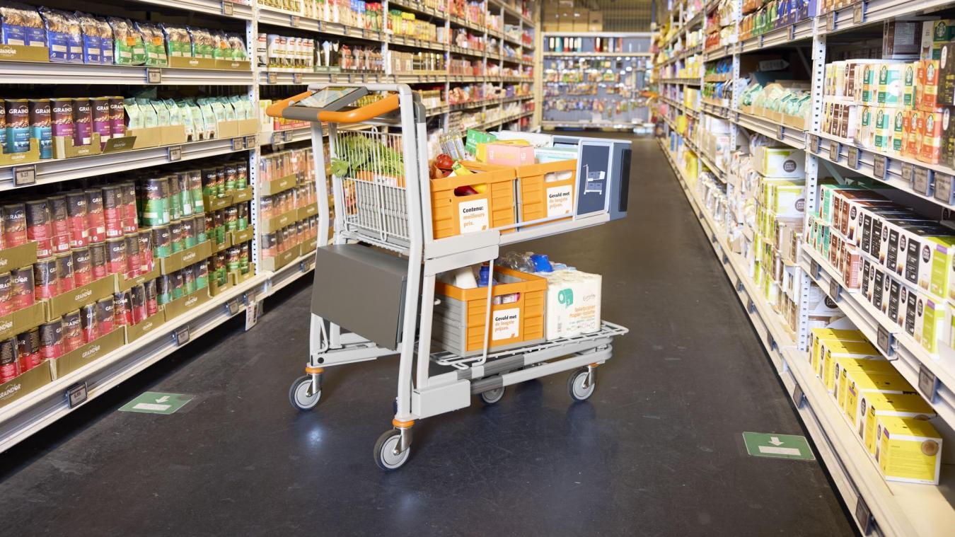 <p>Ein „Smart Cart“ in einer Colruyt-Filiale: Kunden können ihre Produkte direkt beim Einlegen scannen und den Einkauf digital verfolgen.</p>