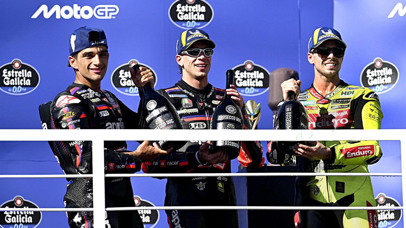 <p>Das Podium der MotoGP in Brasilien: Martin, Bezzecchi und Giannantonio (v.l.)</p>