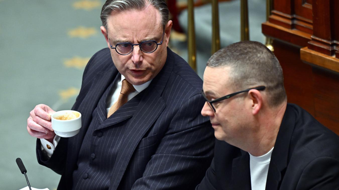 <p>Premier De Wever (l.) und PTB-Chef Raoul Hedebouw am Donnerstag im Kammerplenum</p>