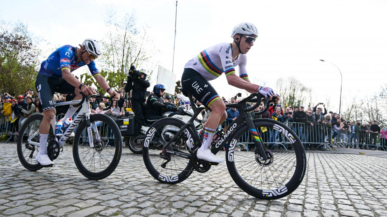 <p>Mathieu van der Poel (links) und Tadej Pogacar (rechts) zählen bei Paris-Roubaix zu den großen Favoriten und wollen Geschichte schreiben.</p>