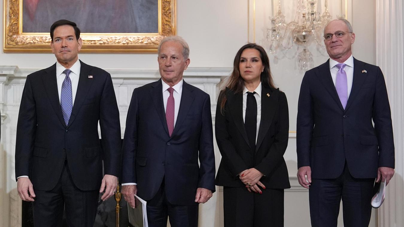 <p>US-Außenminister Marco Rubio (l-r), der US-Botschafter im Libanon, Michel Issa, die libanesische Botschafterin in den USA, Nada Hamadeh Moawad, und der israelische Botschafter in den USA, Yechiel Leiter</p>