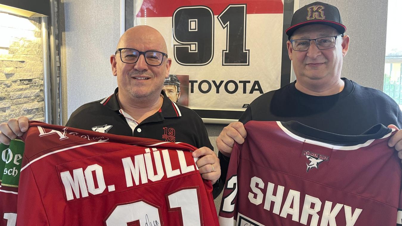 <p>Patrick Emonts (l.) und Roger Franz sind seit Jahren eingefleischte Fans der Kölner Haie.</p>