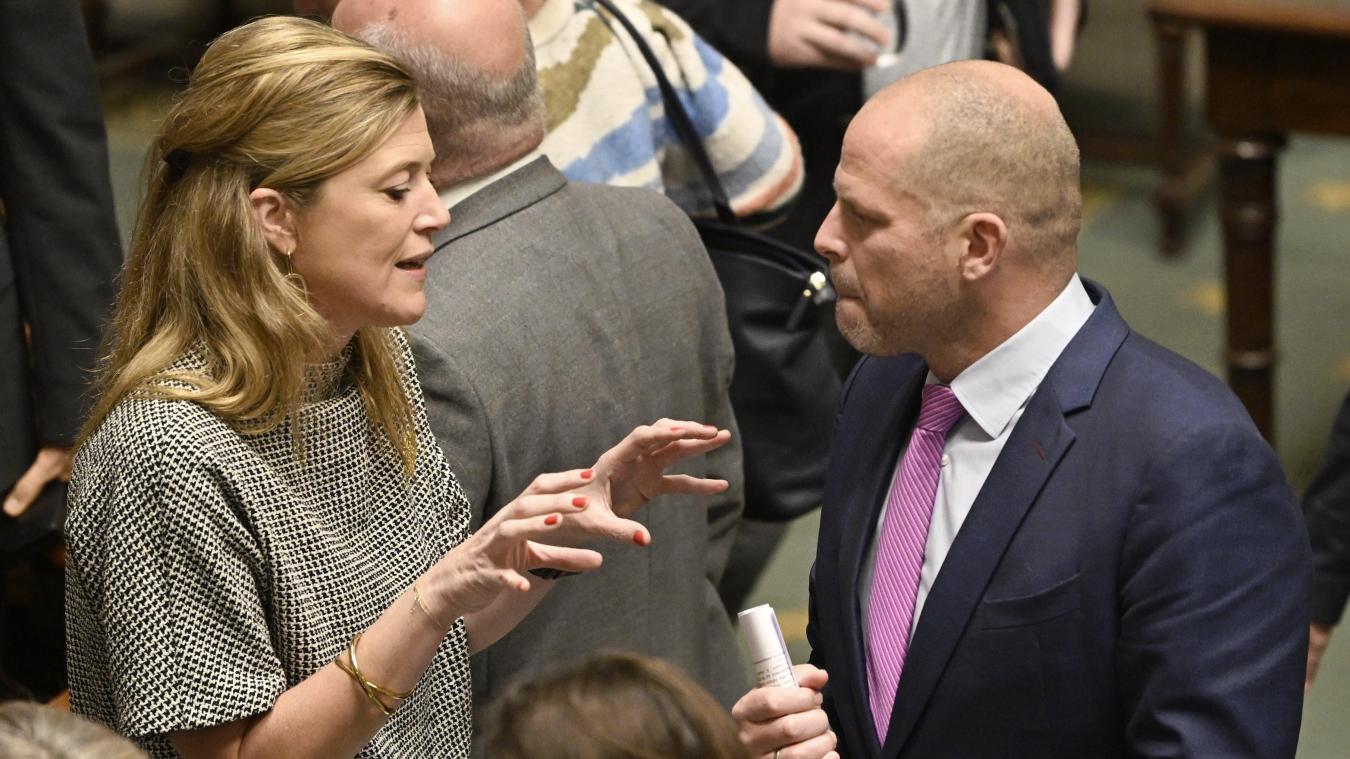 <p>Annelies Verlinden (links) im Gespräch mit Theo Francken (rechts) in der Kammer</p>