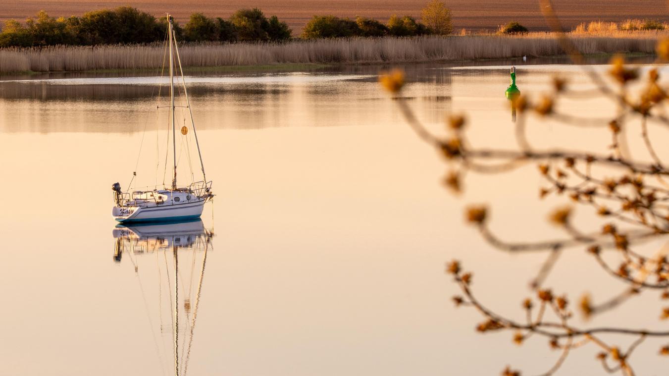 <p>Ein Segelboot liegt vor dem Hafen auf der Insel Poel vor Anker: Vom Hafen starten die Helfer und Walexperten zu ihren Einsätzen zur Versorgung des gestrandeten Buckelwals.</p>