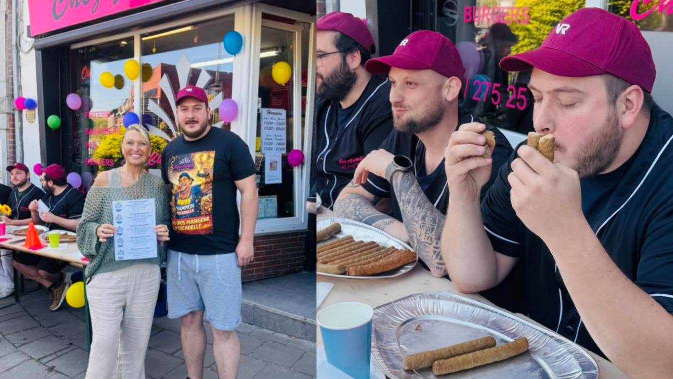 <p>Als Preis erhielt Anthony Loyens von Veranstalterin Aimée Kotnik (l.) ein T-Shirt sowie fünf Frittenbuden-Gutscheine.</p>