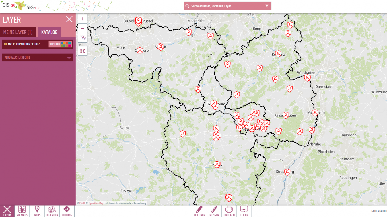 <p>Ein Blick auf die interaktive Online-Karte des „Netzwerks für den grenzüberschreitenden wirtschaftlichen Verbraucherschutz in der Großregion“</p>