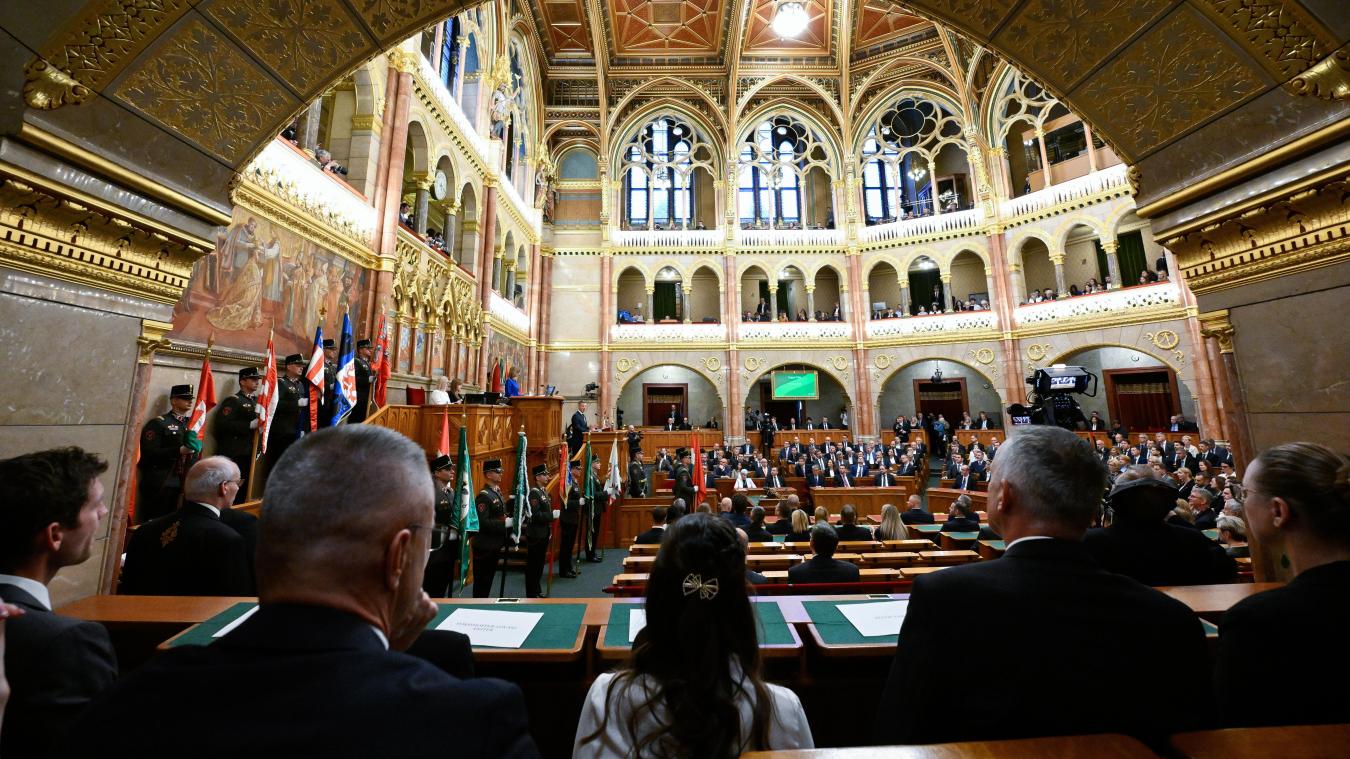 <p>Abgeordnete lauschen einer Rede des ungarischen Ministerpräsidenten Magyar während einer Plenarsitzung in Budapest</p>
