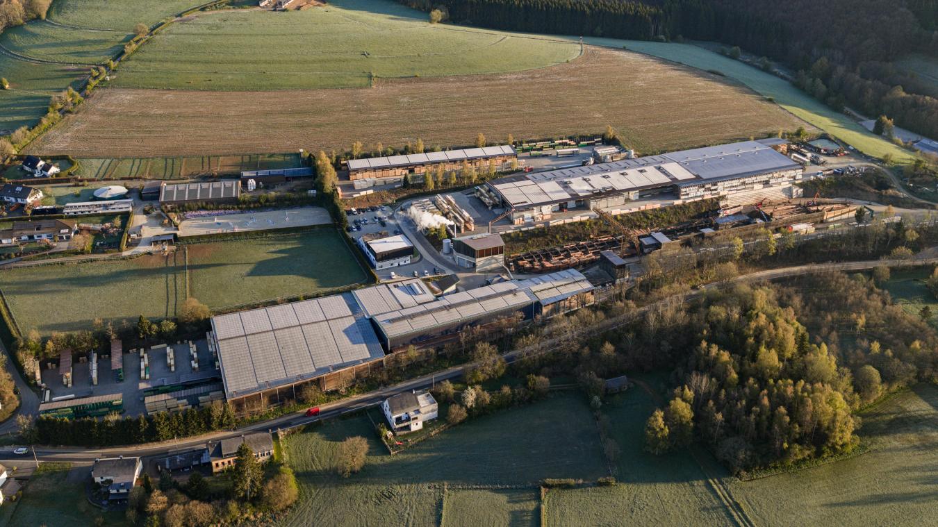 <p>Das Sägewerk von Hoffmann Trade in Atzerath erstreckt sich über 5,5 Hektar und verarbeitet jährlich rund 115.000 Kubikmeter Rundholz.</p>