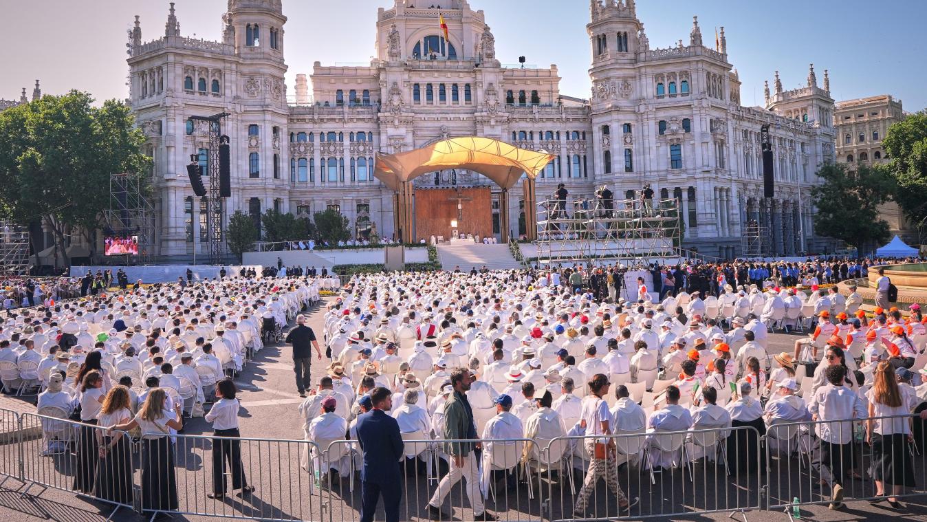 <p>Papst Leo XIV. leitet eine Messe zum Fronleichnamsfest auf der Plaza de Cibeles.</p>