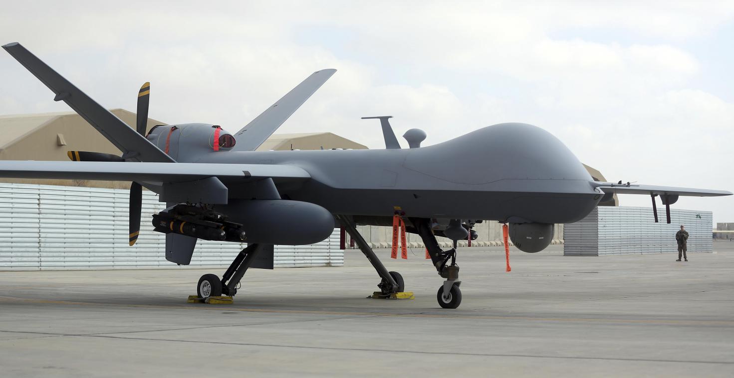 <p>Eine US-amerikanische Drohne vom Typ MQ-9 steht während einer Flugschau auf dem Flugplatz von Kandahar (Afghanistan).</p>