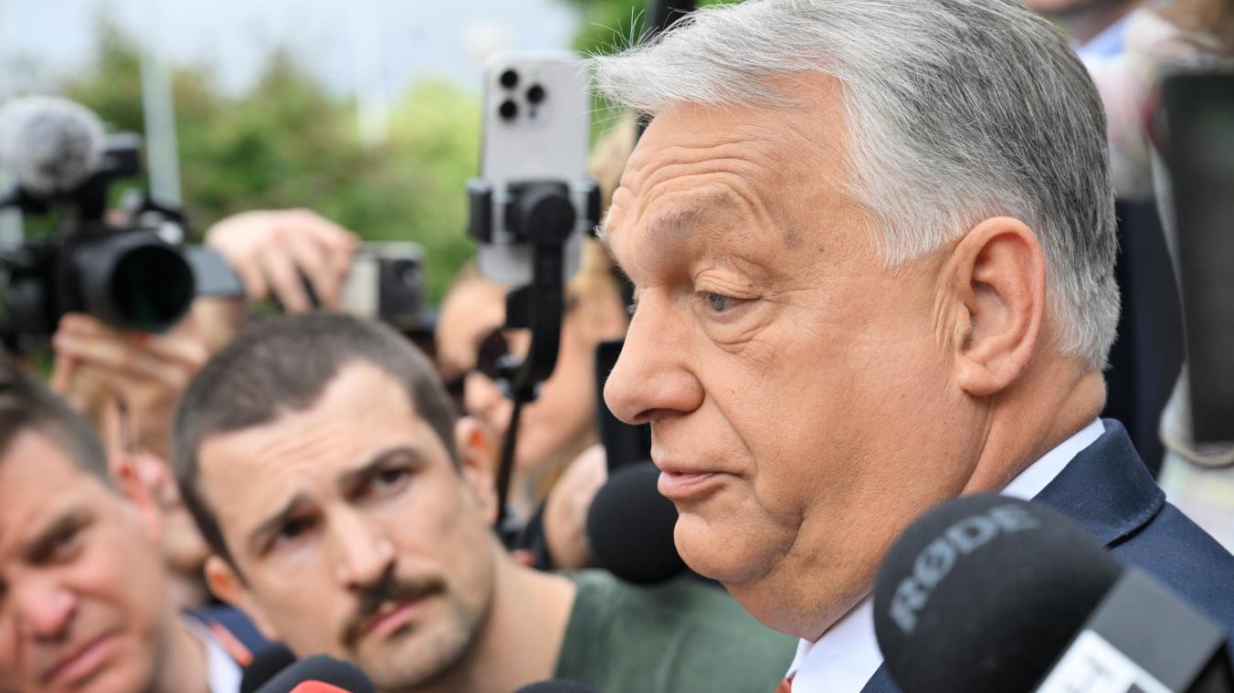 <p>Viktor Orban spricht bei seiner Ankunft auf dem Arbeitskongress der Oppositionspartei Fidesz mit der Presse.</p>