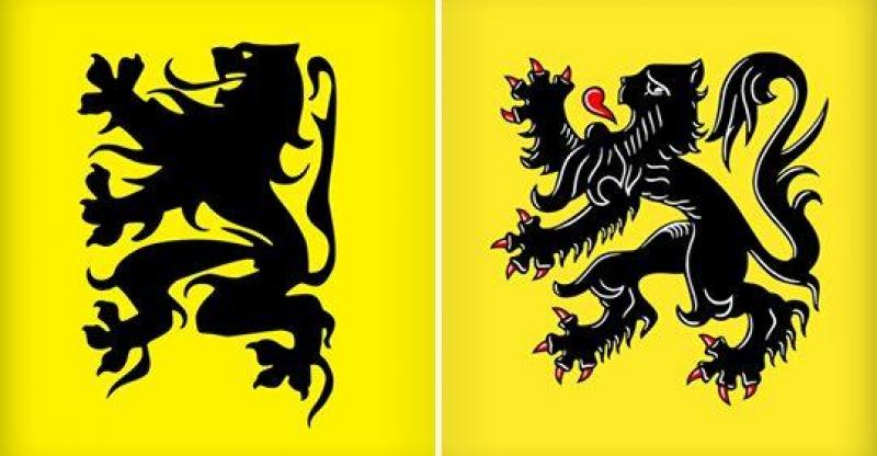 <p>Rechts ist der offizielle Löwe der flämischen Flagge zu sehen, links das Tier mit schwarzen Krallen, das auf Pukkelpop verboten wurde.</p>