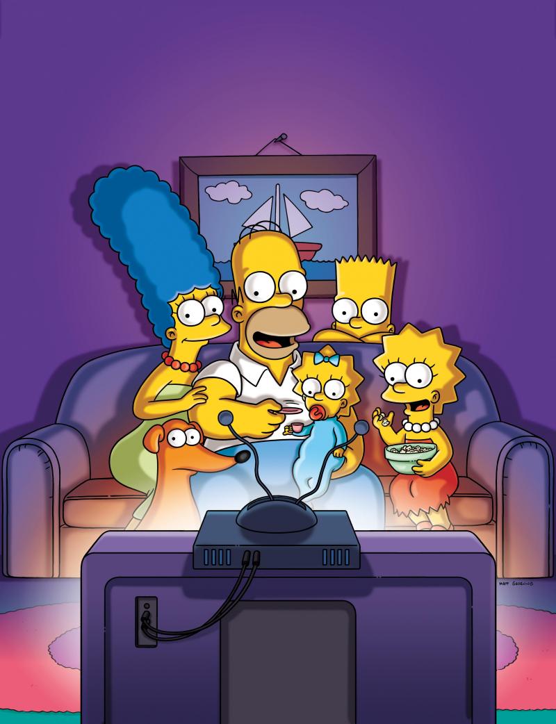 <p>„Die Simpsons“ Marge (l-r), Homer, Maggie; Bart, Lisa (vorne) und Hund Knecht Ruprecht in einer Szene aus der 30. Staffel der Serie.</p>
