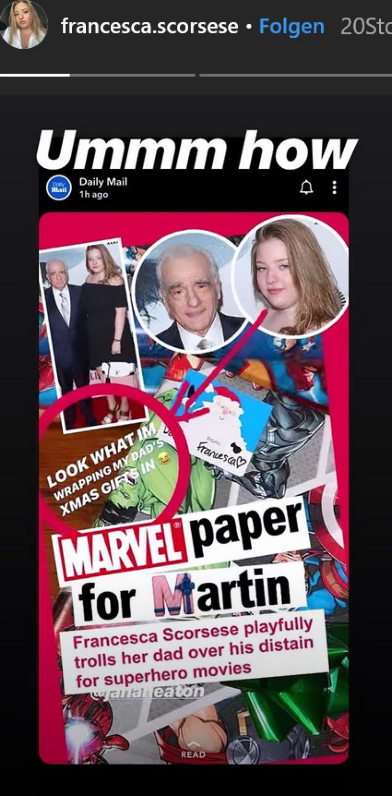 <p>„Seht mal her, in welches Geschenkpapier ich Dads Geschenk verpacke“, schrieb Francesca Scorsese auf Instagram. Die Zeitung „Daily Mail“ teilte ihre Story.</p>