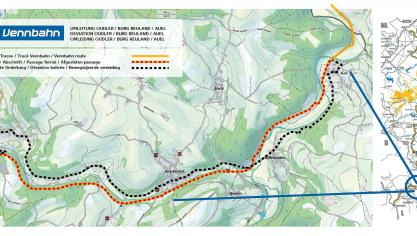 <p>Wegen der Asphaltierungsarbeiten muss der Vennbahn-Radweg zwischen Auel und Oudler zeitweise umgeleitet werden. Karte: Tourismusagentur Ostbelgien</p>