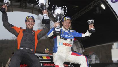 <p>Cédric Cherain (r.) und Pierre Sibille feierten am Sonntagabend ihren Sieg bei der Spa Rally</p>
