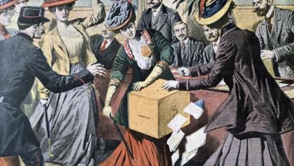 <p>17. Mai 1908: Belgische Frauenrechtlerinnen („Sufragetten“), die für ein allgemeines Frauenwahlrecht eintreten, machen sich über eine Wahlurne her.</p>