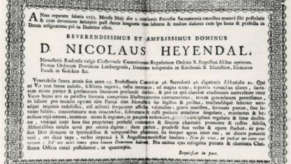 <p>Der Totenzettel des Nikolaus Heyendal aus dem Jahr 1733.</p>