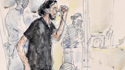 <p>Gerichtszeichnung von Salah Abdeslam beim Pariser Prozess</p>