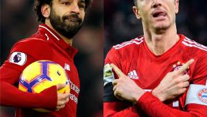 <p>Eines der mit Spannung erwarteten Duelle liefern sich Stürmer „Mo“ Salah (l.) und Robert Lewandowski.</p>