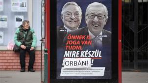 <p>EU-Kommissionspräsident Jean-Claude Juncker und der liberale US-Milliardär ungarischer Herkunft, George Soros, auf den umstrittenen Plakaten in Ungarn.</p>