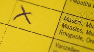 <p>Masernkreuz auf einem Impfpass.</p>