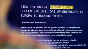<p>Auf der Webseite der deutschsprachigen Version der Online-Enzyklopädie Wikipedia steht ein Hinweis, warum diese am 21. März offline ist. Die Wikipedia-Autoren befürchten erhebliche Einschränkungen durch die geplante EU-Urheberrechtsreform.</p>