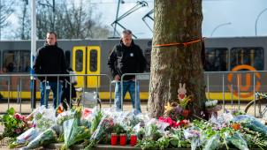 <p>Ein Mann schaut in Utrecht vor einer Straßenbahn auf ein provisorisches Denkmal in der Nähe des Ortes, an dem drei Menschen von einem Schützen in einer Straßenbahn getötet wurden.</p>