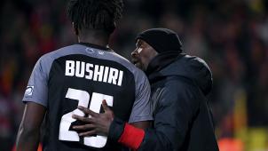 <p>Bushiri (l.) verlässt die AS Eupen.</p>