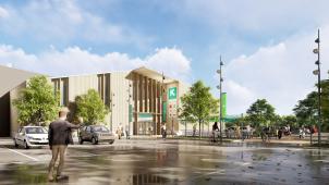 <p>Das Erscheinungsbild des Knauf Shopping Center wird sich radikal verändern. Dieser Anbau ist am Eingang des Supermarktes Delhaize geplant.</p>