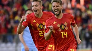<p>Die „Matchwinner“ von Samstag unter sich: Timothy Castagne und Dries Mertens.</p>