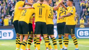 <p>Dortmunds Spieler jubeln nach dem 4:0.</p>