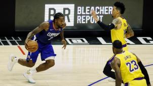 <p>Kawhi Leonard (links) kam in seinem ersten Spiel für die Los Angeles Clippers auf 30 Punkte.</p>