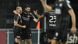 <p>Jordi Amat (2. v. l.) traf zum 2:0 für die AS Eupen.</p>