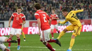 <p>Thorgan Hazard (rechts) brachte die Roten Teufel nach 18 Minuten in Führung.</p>