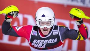 <p>Armand Marchant lässt seiner Freude über den zweiten Lauf beim Slalom in Zagreb freien Lauf.</p>