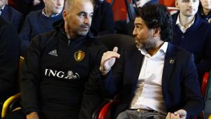 <p>Nationaltrainer Roberto Martinez (l.) mit Mehdi Bayat.</p>